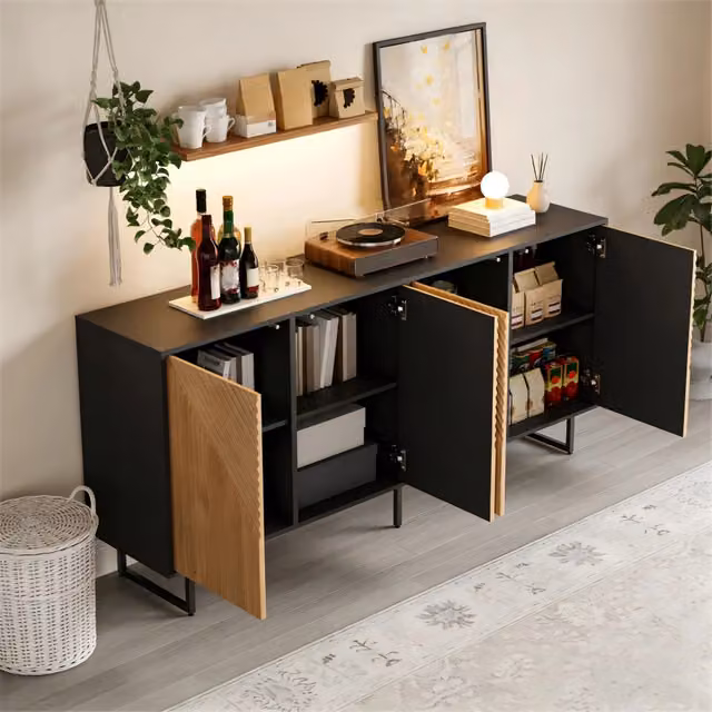 Credenza con 4 ante e vani interni, finitura legno naturale e nero, per soggiorno, in truciolare, 160 × 40 × 75 cm