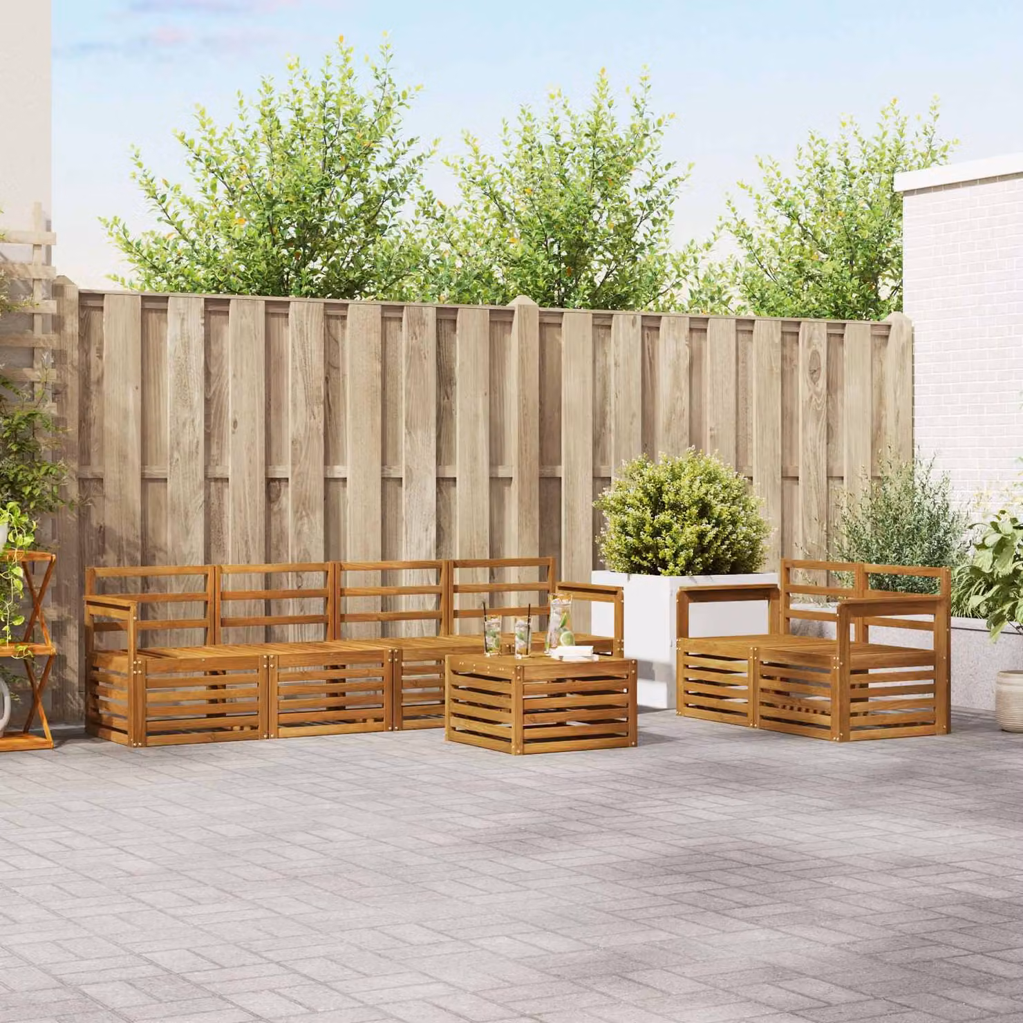 Set di divani da esterno vidaXL 7 pz in legno di acacia massello marrone con cuscini inclusi per giardino e terrazza