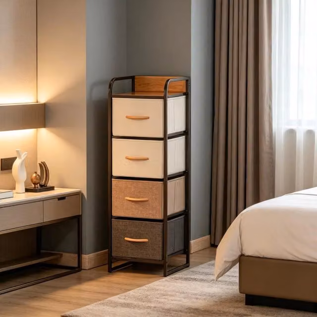 Cassettiera stretta in MDF e acciaio con 4 cassetti in tessuto per camera da letto beige marrone 31 × 29 × 99 cm