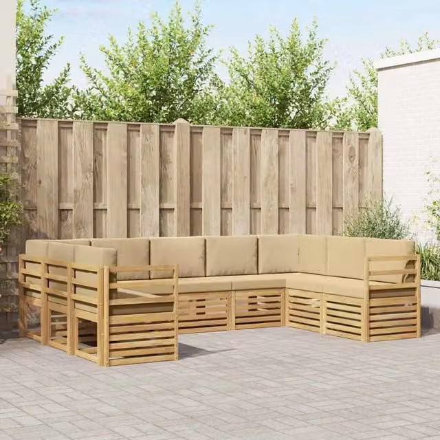 Set di divani da esterno a L vidaXL in legno di acacia con cuscini, Bianco e Beige – 1