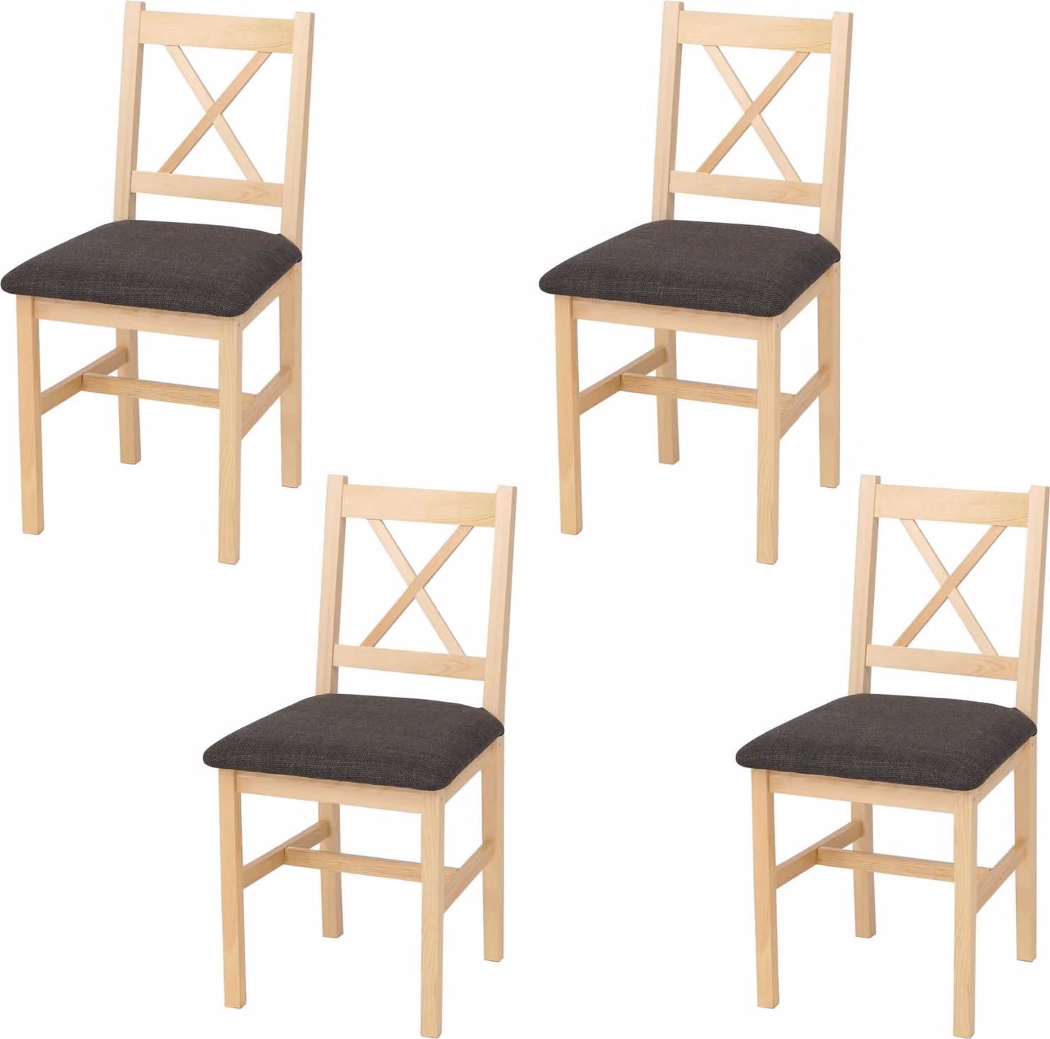 set di 4 sedie per sala da pranzo HWC-F77, poltrona sedia da cucina, legno massiccio tessuto casa di campagna ~ naturale, rivestimento nero