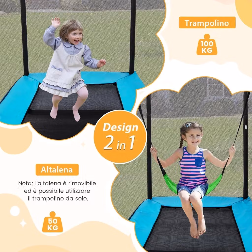 Costway Trampolino Rettangolare per Bambini con Altalena e Rete di Sicurezza, Blu, Diametro: 190 cm – 2