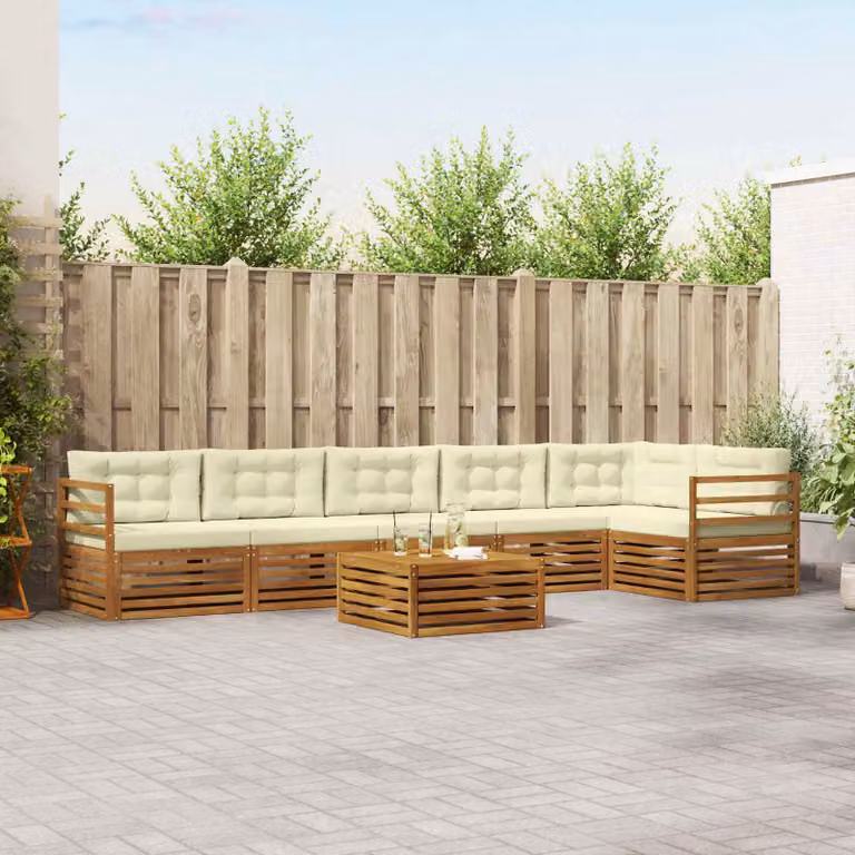 vidaXL Set di divani da esterno a L composto da 7 pezzi in legno di acacia con cuscini, colore beige e marrone