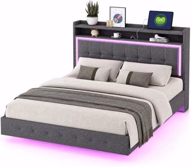 Letto matrimoniale 140x200 cm con USB; LED e vano testata in tessuto grigio