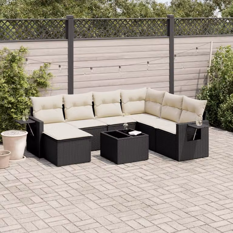 Set di divani da giardino vidaXL a forma di L in polyrattan nero con 8 pezzi e cuscini inclusi