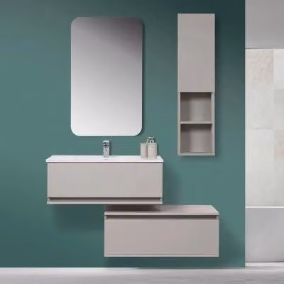 Mobile bagno sospeso moderno INBAGNO beige e grigio con ante e cassetti soft close L: 90 cm, P: 47 cm, H: 35 cm