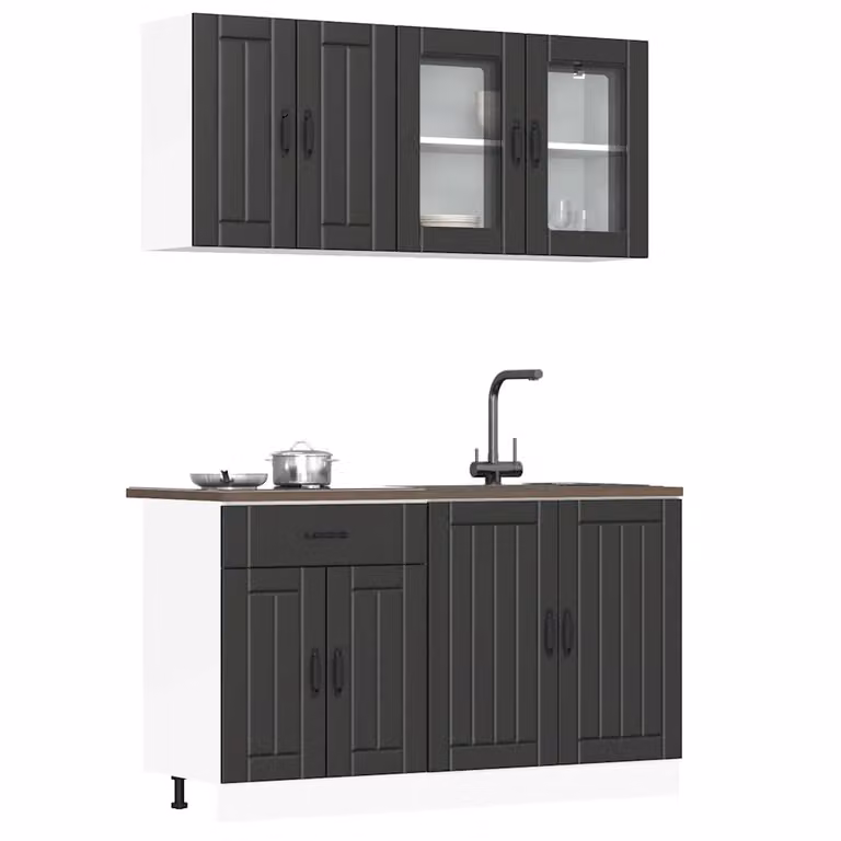 Set di mobili da cucina vidaXL Lucca composto da 4 pezzi in legno e vetro, colore nero opaco, design moderno con ante in vetro e scaffali aperti