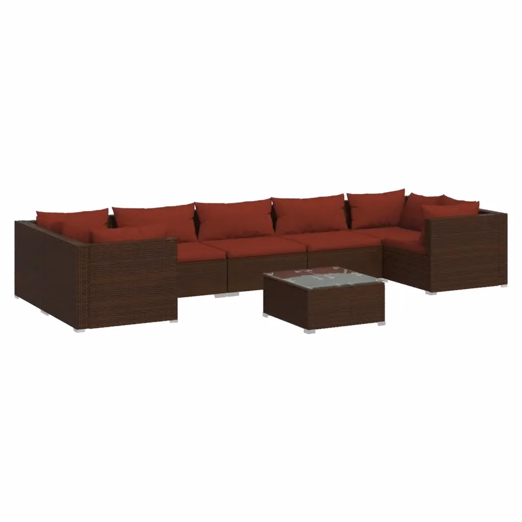 Set da giardino moderno vidaXL composto da 8 pezzi con divani a L, tavolino da caffè e cuscini colorato marrone e rosso con struttura in metallo e rattan – 2