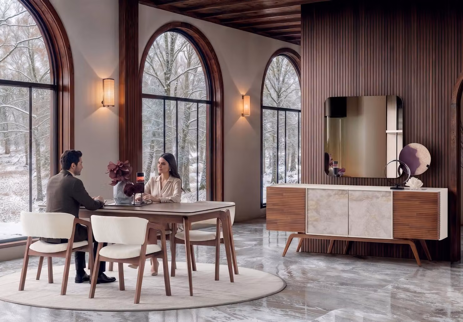 Set da pranzo di design, composto da: tavolo da pranzo esclusivo, 4 poltrone imbottite e un mobile contenitore (sideboard)