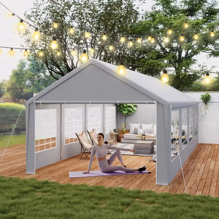 Tenda da festa 4x8 metri, colore grigio, impermeabile, con protezione UV, struttura in acciaio, tessuto in PE da 200g/m² e 130g/m², con finestre
