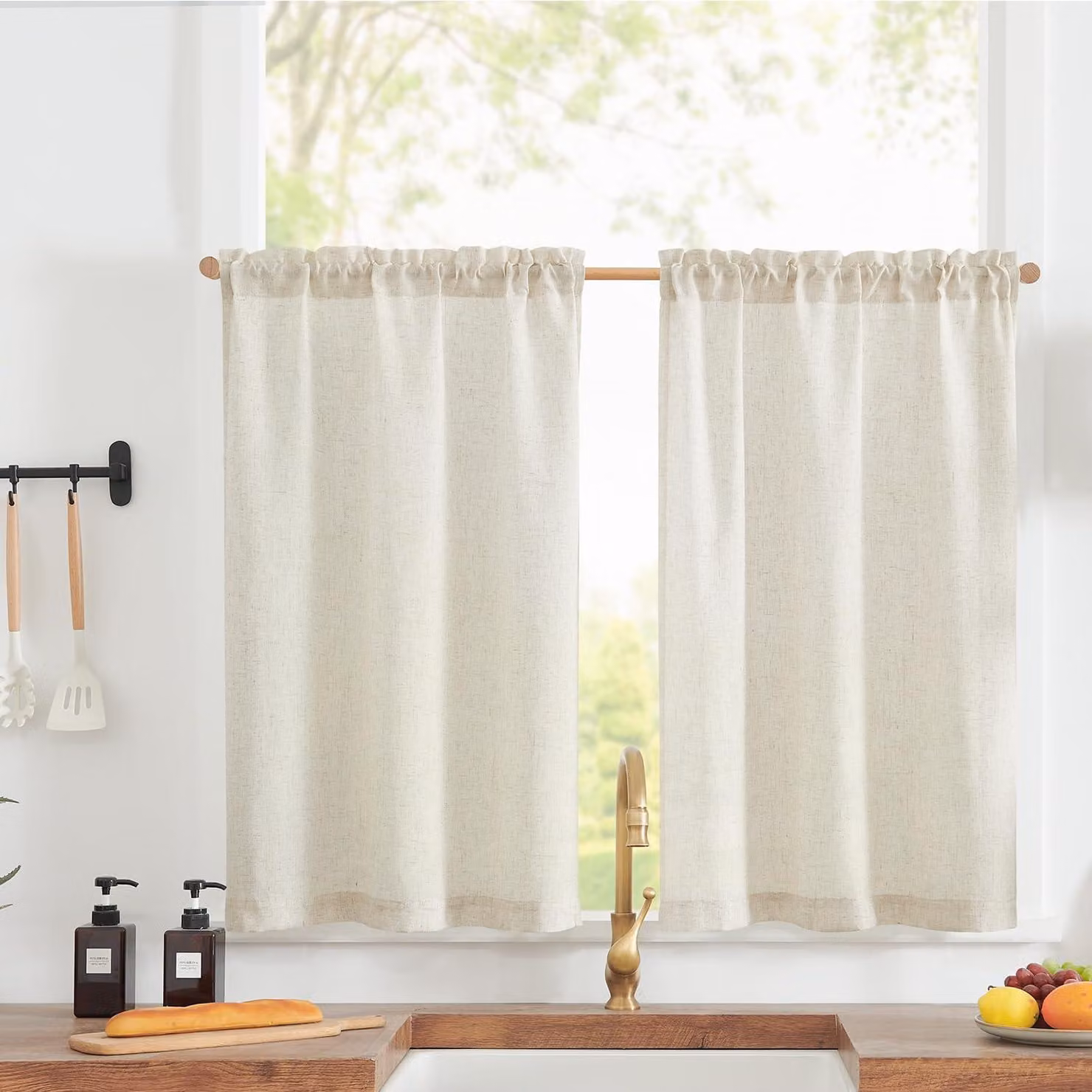 Tende per cucina - Set di 2 - Lino - Tende da cucina - Stile rustico - Tende per finestre - Corta - Adatte per soggiorno, bagno, lavanderia - Per finestre a mezza altezza
