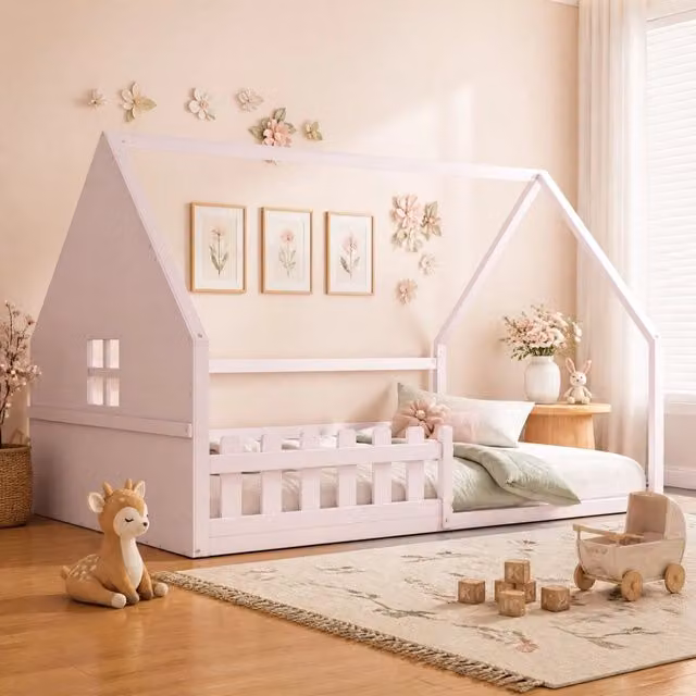 Letto a casetta per bambini REDOM in legno di pino e MDF rosa L/P/H: 204 x 140 x 139 cm