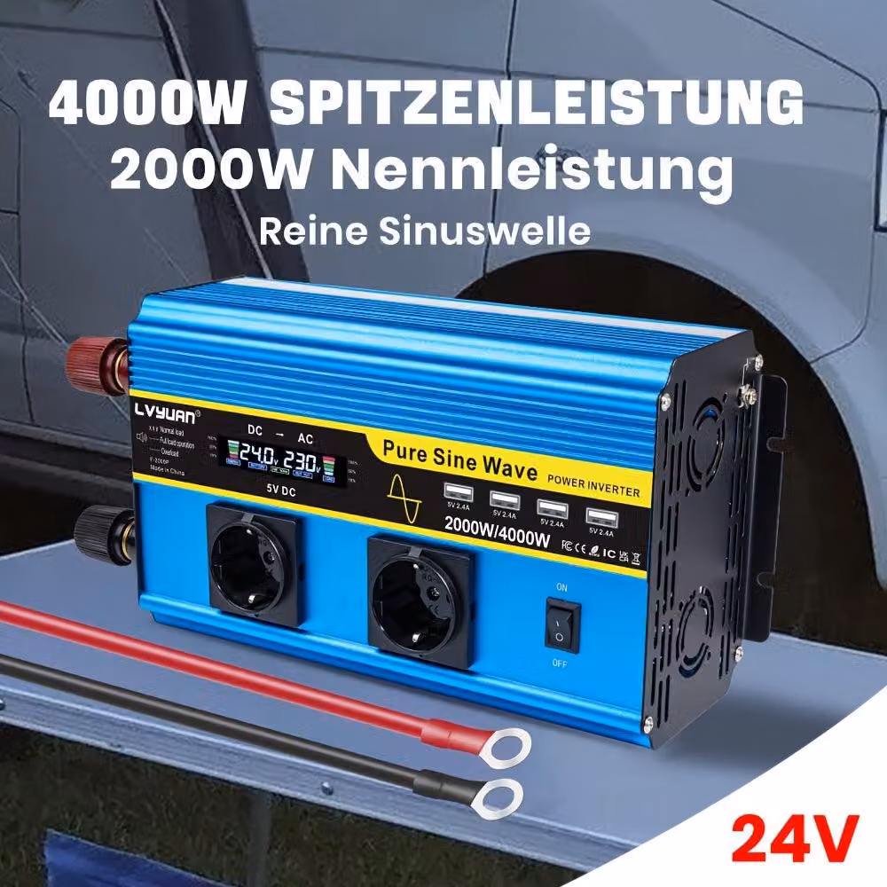 Convertitore automatico – 12V a 220V – Potenza continua di 2000W – Onda sinusoidale pura con display LCD e porte USB