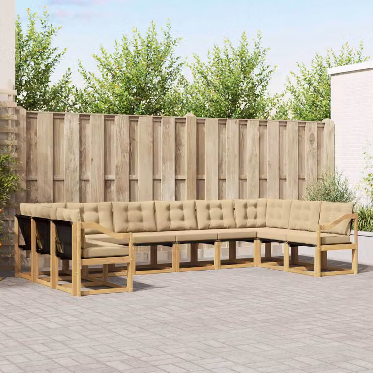 vidaXL Set di divani da esterno a forma di U composto da 10 pezzi in legno di acacia e tessuto textilene, Bianco e Beige