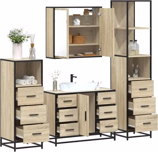 Set di mobili da bagno industrial vidaXL in legno e metallo marrone composto da armadietto con specchio, mobile lavabo, mobile laterale e colonna alta