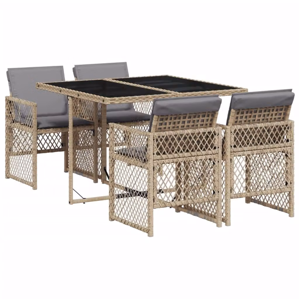 Set da Pranzo da Giardino 5 pz con Cuscini Beige in Polyrattan