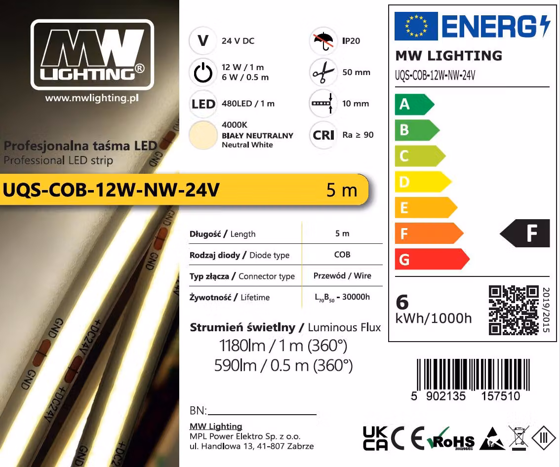 UQS-COB-12W-NW-24V-5m: striscia LED COB professionale, 12W 480 chip/m, CRI >90, 24V, bianco neutro, 4000K, IP20, 5m