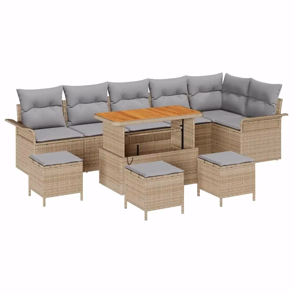 Set Divano da Giardino vidaXL 10 Pezzi a Forma di L Beige con Cuscini e Tavolino in Polyrattan e Acciaio – 2