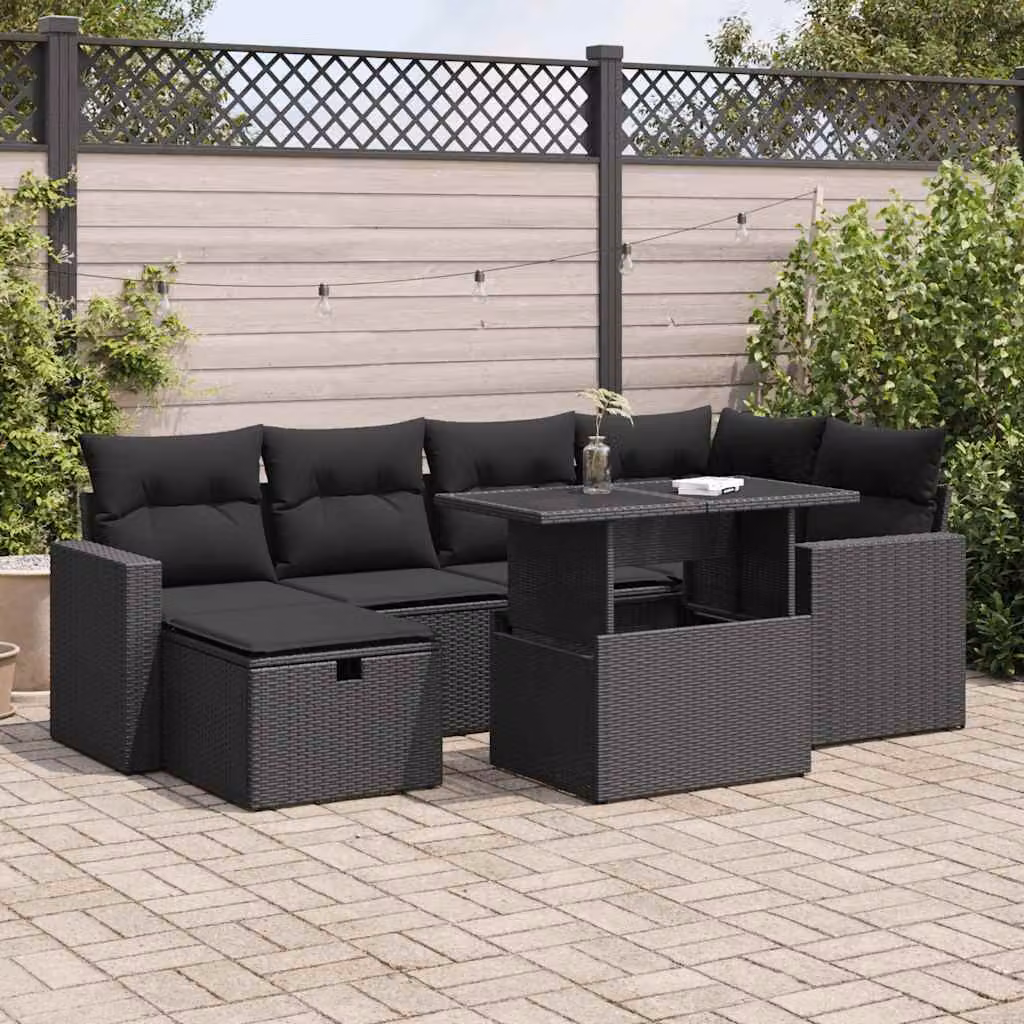 Set di divani da giardino vidaXL con 7 cuscini in polyrattan nero