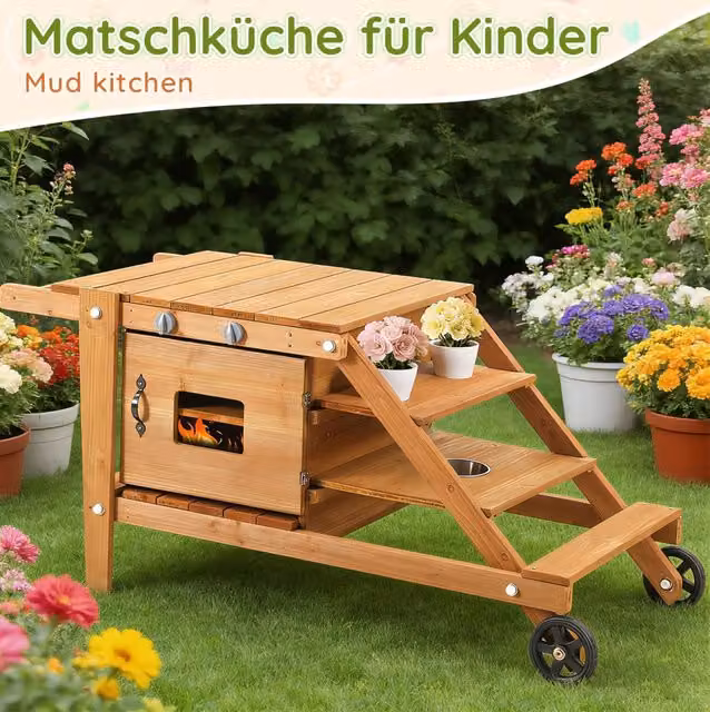 Cucina da esterno per bambini in legno marrone con ruote, forno e accessori, L: 132 cm, P: 59 cm, H: 60,4 cm – 1