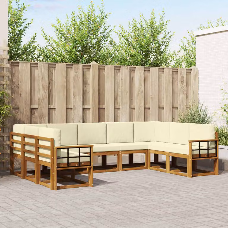 Set di divani da esterno vidaXL a forma di U in legno di acacia con cuscini, 9 pezzi, Beige e Marrone