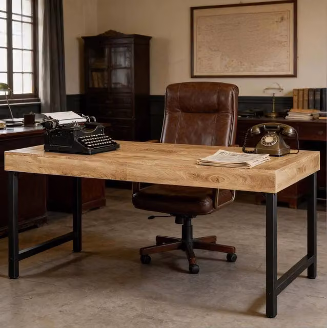 Scrivania da ufficio in stile rustico con piano in MDF e gambe in metallo nero, 140 cm