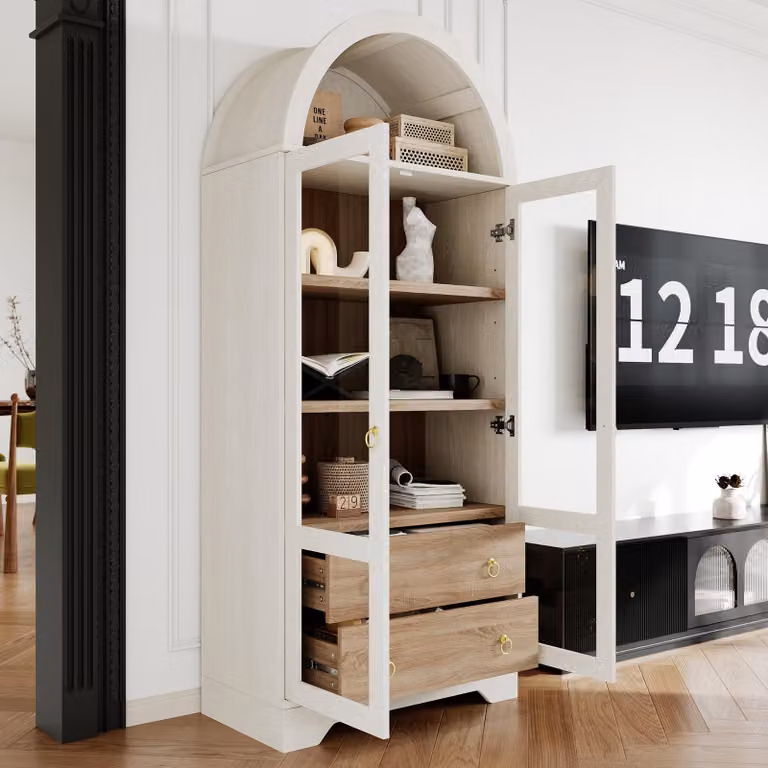 Mobiletto contenitore MODFU con design curvo, pensile da cucina con ante in vetro, vetrina buffet con 2 cassetti e spazio contenitivo, bianco, 76x40x180 cm