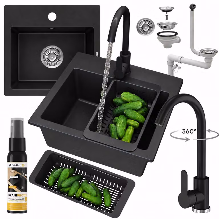 Granitan - Lavello in granito - Lavello da cucina - 44x42 cm - Nero - con rubinetteria PRESTIGE e accessori - Lavello - TEOR