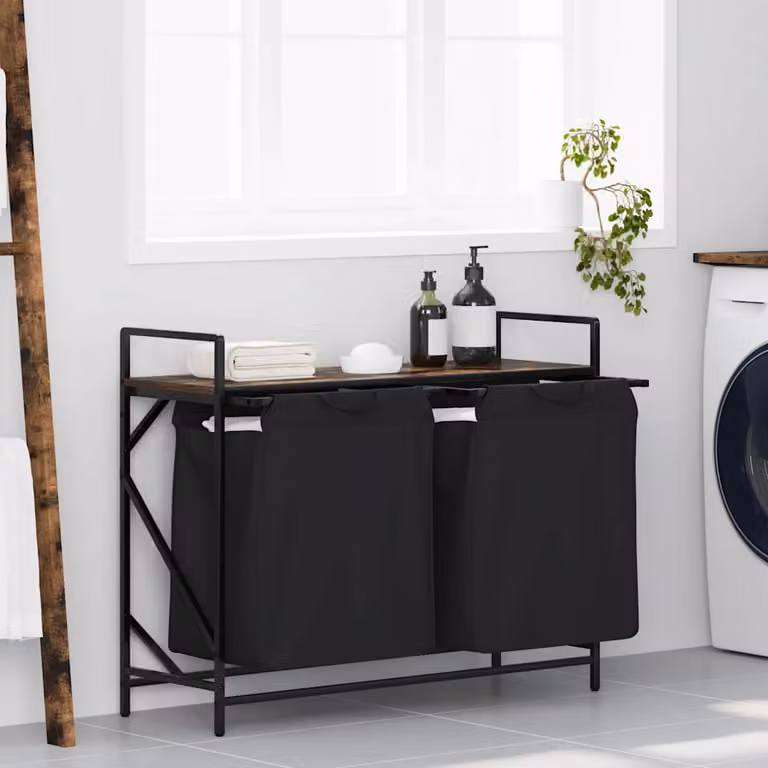 vidaXL Cesto Portabiancheria a 2 Scomparti con Ripiano, Nero e Marrone, L/P/H: 77 x 33 x 97 cm