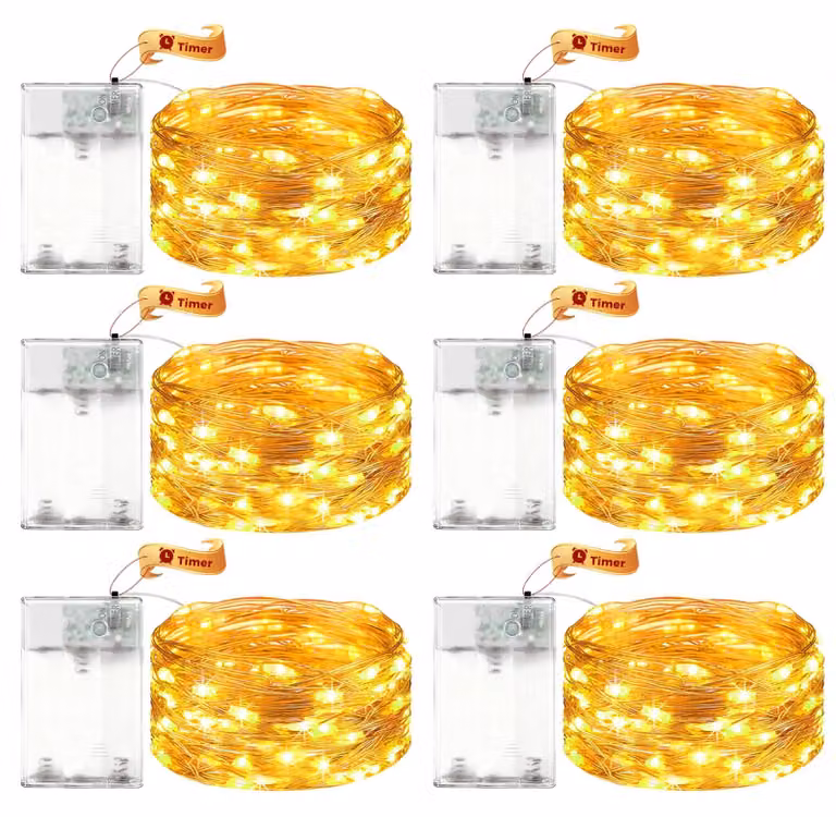 Catena luminosa a LED, set da 6, lunghezza 5 metri, 50 LED, luce bianco caldo, con timer, alimentazione a batteria
