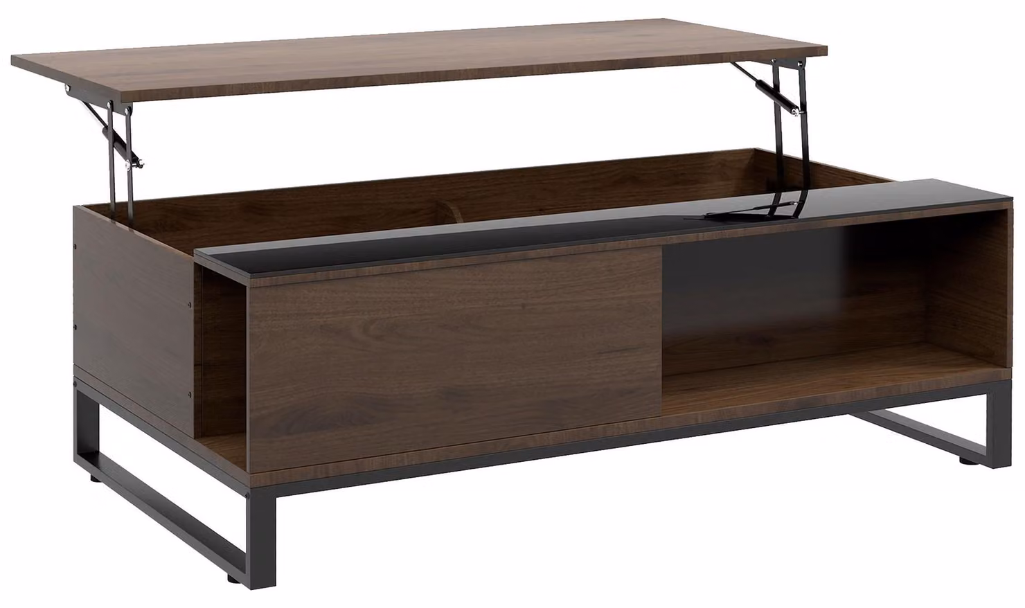 Tavolino Moonbite con funzione di sollevamento, dimensioni 102 × 58 × 35,5 cm, tavolino da divano con 2 ripiani a ribalta, piano in vetro temperato, vano portaoggetti inferiore, struttura in acciaio, impiallacciatura in noce su pannello di compensato