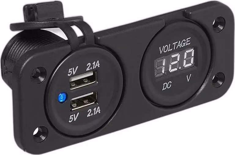 Kit da incasso: voltmetro 6-30V + porta USB doppia tipo A 2x2100mA