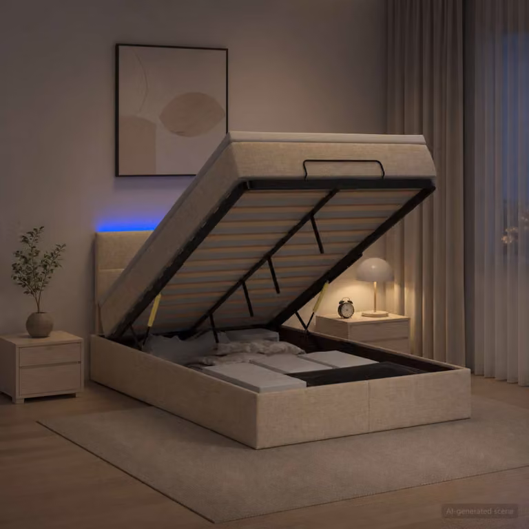 Letto Ottomano vidaXL con Materasso, Illuminazione LED e Porte USB, Tessuto Beige e Bianco, L/P: 120 x 200 cm