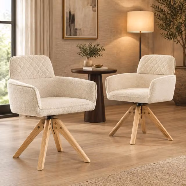 Set di 2 sedie da pranzo MIVRAY girevoli a 360 gradi in tessuto beige con gambe in legno e braccioli curvi