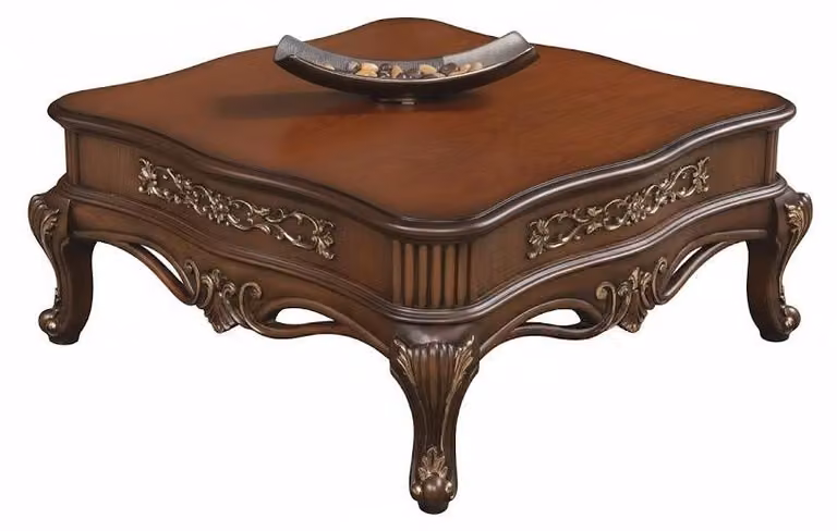 Elegante tavolino da salotto, tonalità marrone, stile neobarocco, dettagli dorati