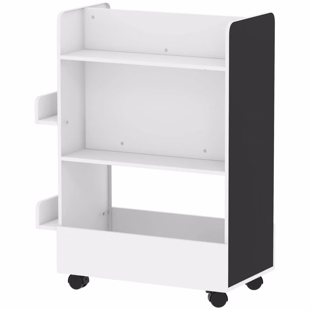 Libreria per bambini Xylo in legno bianco con 4 ripiani, lavagna e rotelle, L: 66,5 cm, P: 32,5 cm, H: 86,5 cm – 2
