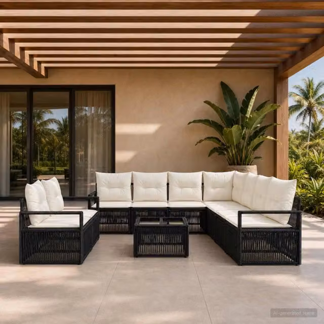 Set Divano da Giardino vidaXL 10 Pezzi Nero con Cuscini e Tavolino in Polyrattan e Acciaio – 1