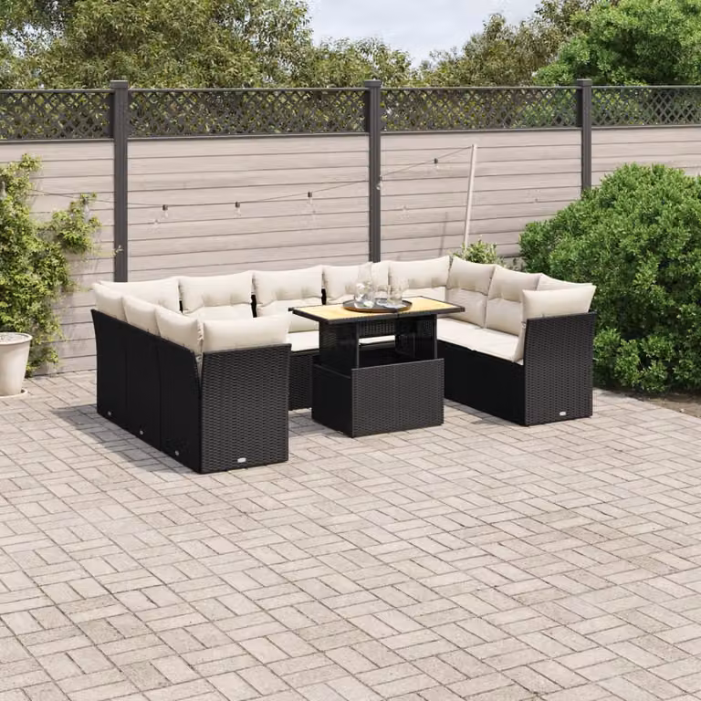 vidaXL Set Divani da Giardino a L in Polyrattan Nero con Cuscini e Tavolino da Esterno