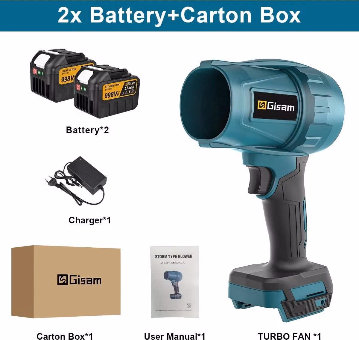Soffiatore elettrico - Soffiatore turbo 18 V - Motore brushless - 1500 W ad alta pressione - Utensile portatile senza fili - 2 batterie 998VF incluse - Argento