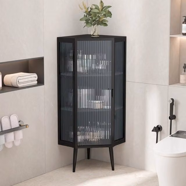 Armadietto angolare salvaspazio Minimal nero con ante in vetro e ripiani per bagno o soggiorno – 1