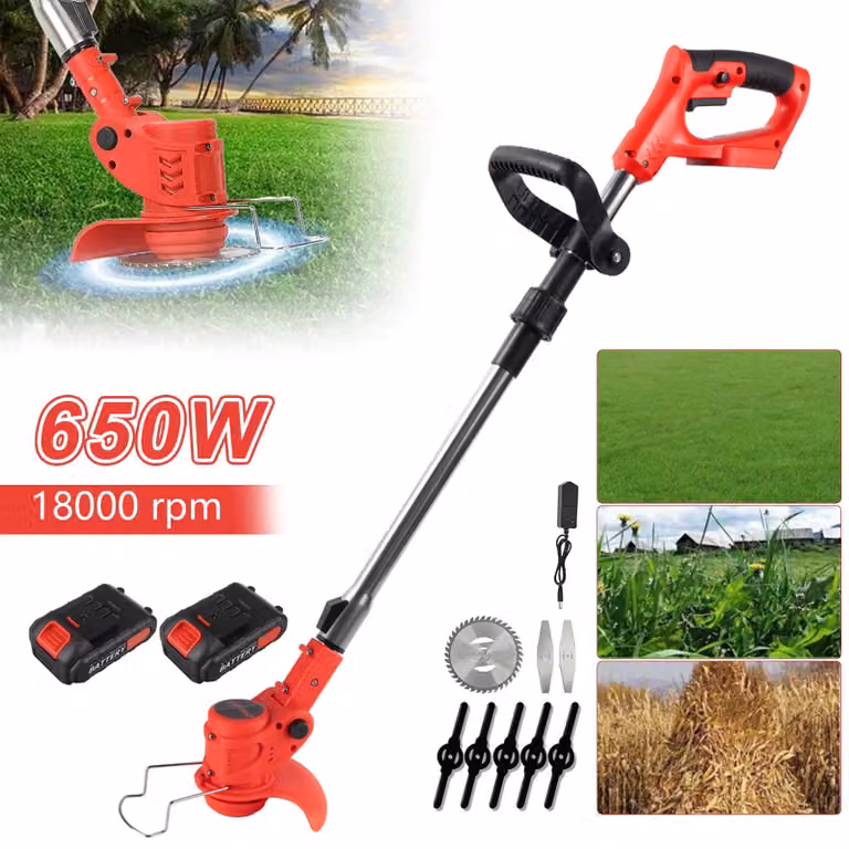 Tagliaerba elettrico con maniglia regolabile, dotato di 2 batterie ricaricabili, a basso rumore, ideale per giardini e prati, per tagliare l'erba
