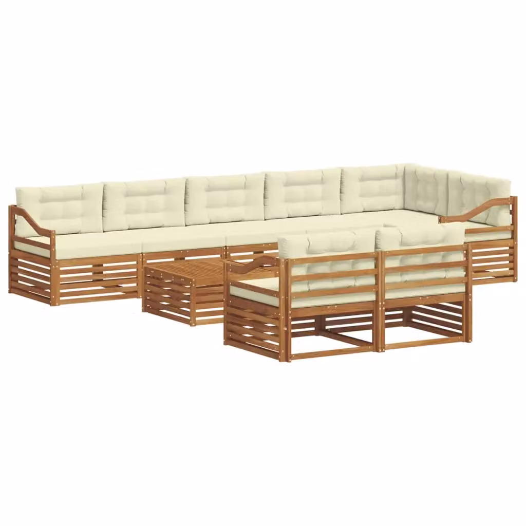 Set di divani da esterno vidaXL in legno di acacia con cuscini, colore beige e bianco, composizione a L con tavolino da caffè, 9 pezzi – 2