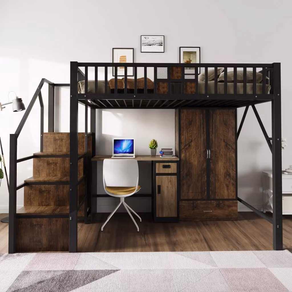 Letto a soppalco matrimoniale Chicfurn nero con armadio, cassetti e scala contenitore, L/P: 140 x 200 cm – 2