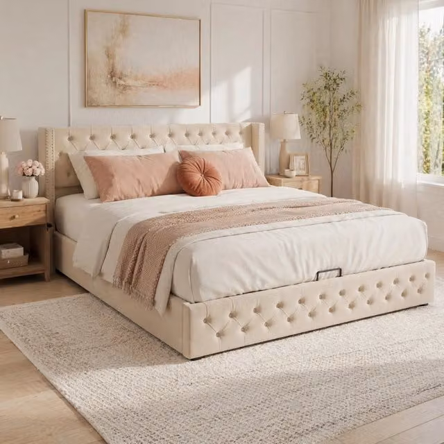 Letto Imbottito con Contenitore Chesterfield REDOM in Velluto Beige L/P: 160 x 200 cm