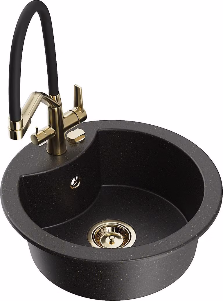 Mexen Diego lavello da cucina in granito a 1 vasca con rubinetto Duo, nero/oro metallizzato - 6512-75-671701-57-G