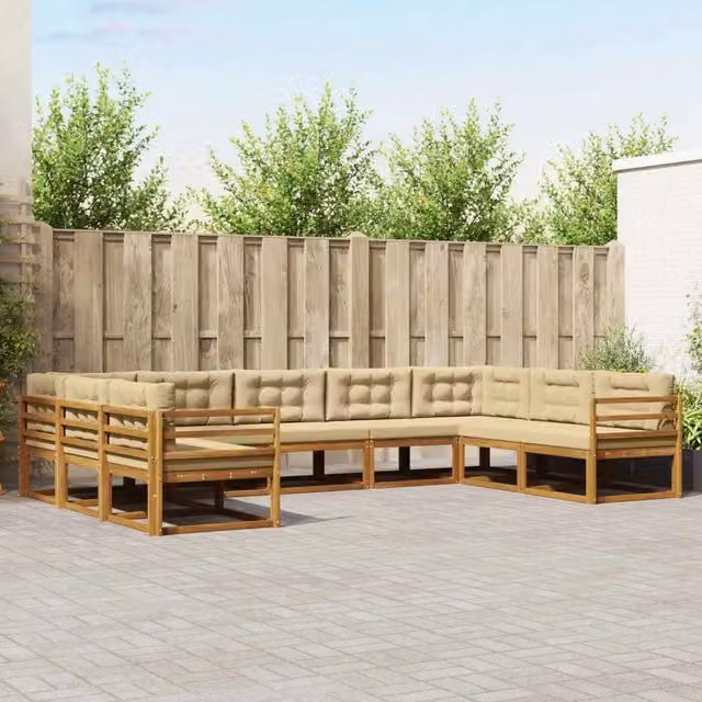 Set di divani da esterno a L vidaXL in legno di acacia con cuscini beige, 9 pezzi – 1