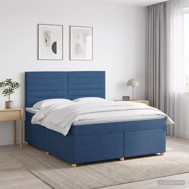 Letto box spring con materasso ibrido vidaXL in tessuto blu e bianco L/P: 160 x 200 cm