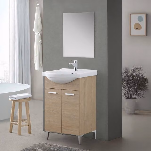 Mobile bagno a terra Desya con lavabo e specchio in Rovere Dolomite, colore marrone