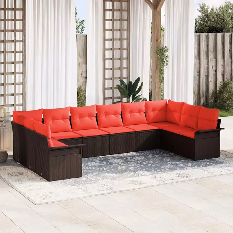 Set Divano da Giardino vidaXL 10 Pezzi in Polyrattan Marrone con Cuscini e Tavolino da Esterno a Forma di L