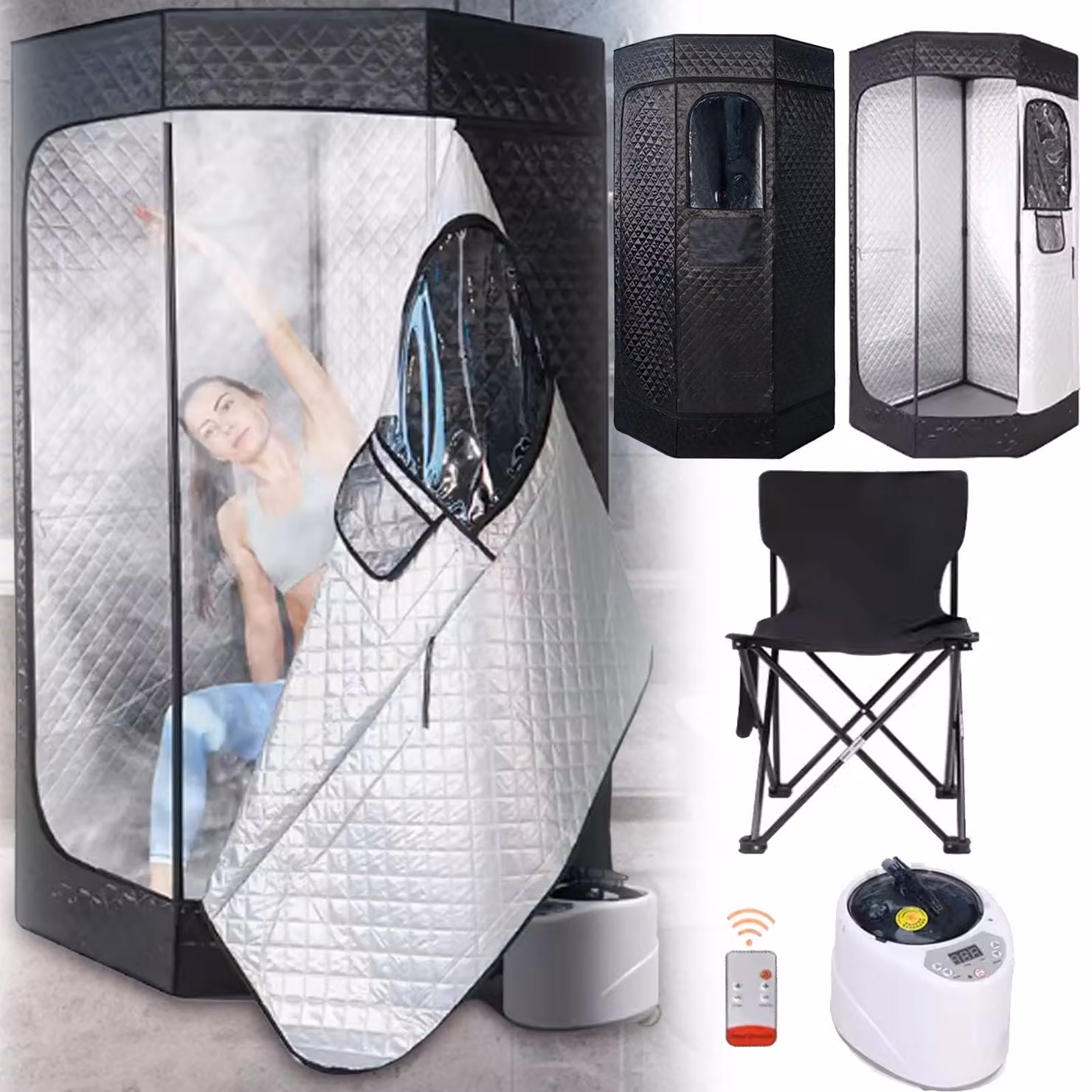 Tenda sauna con generatore di vapore, 1200 W, capacità 3 litri, pieghevole, altezza 180 cm